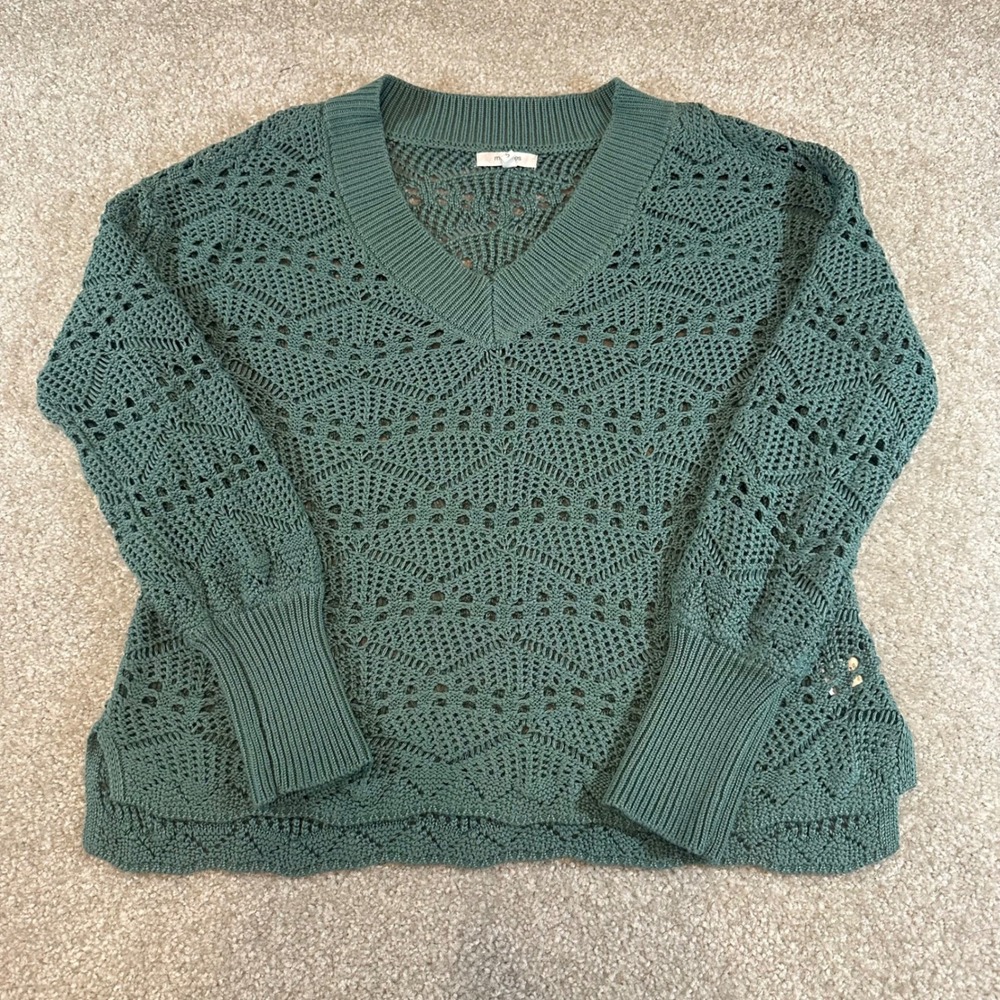 Maurices Green Crochet Knit V-Neck Sweater Boho Open Weave Pullover size Small